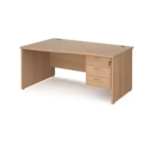 Image of Office Desk Left Hand Wave Desk 1600mm With Pedestal Beech Top And Panel End Leg Maestro 25 MP16WLP3B