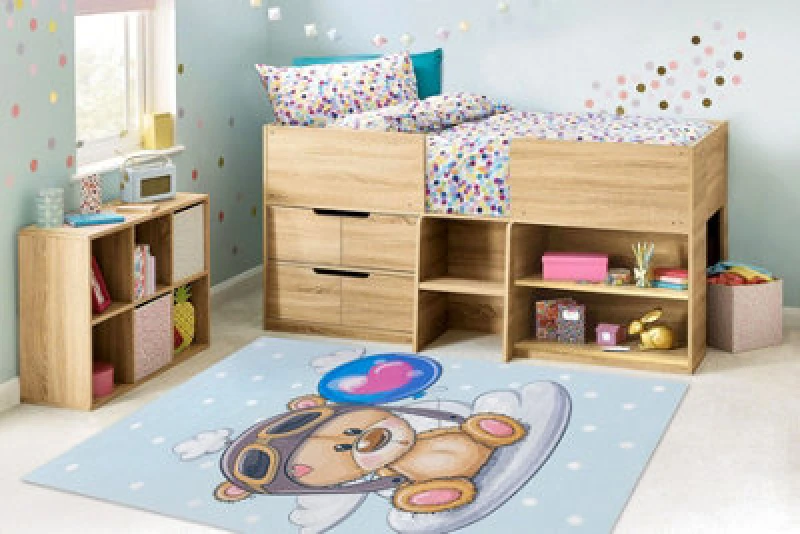 Image of RugsX Bambino 43030 Washing Carpet Teddy Bear, Pilot For Children Anti Slip - Blue / Bro 80X150 Cm