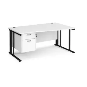 image of Office Desk Right Hand Wave Desk 1600mm With Pedestal White Top With Black Frame Maestro 25 MCM16WRP2KWH