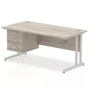 Image of Impulse 1600 Rectangle Silver Cant Leg Desk Grey Oak 1 x 3 Drawer Fixed Ped