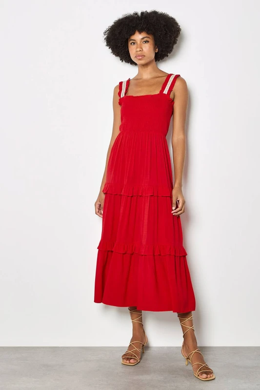 Image of Apricot Womens Tiered Lace Trim Midi Dress in Red Size: 14 Red Female 14