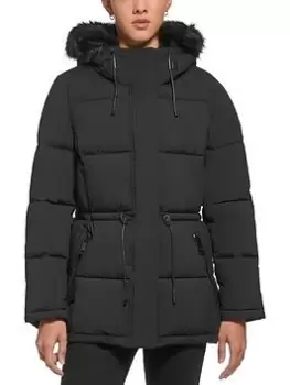 Image of DKNY Mid Length Padded Jacket With Faux Fur Collar, Black, Size L, Women