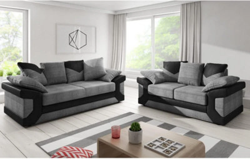 Image of Furnishings For Less UK Dino Large Black And Grey Fabric Sofa Suite 3 + 2