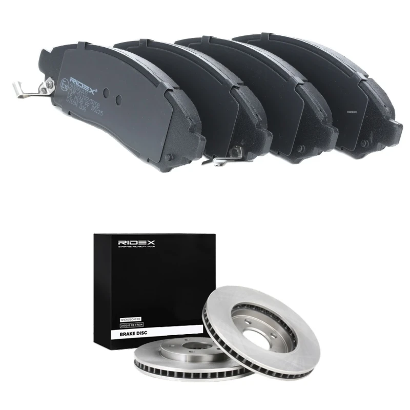 Image of RIDEX 3405B2703 Brake disc and pads set Front Axle, Brake Disc Type: internally vented, with acoustic wear warning Brake Set,disc brakes (3405)