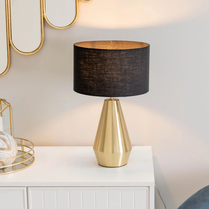 Image of ValueLights Jax Antique Brass Metal Dimmable Touch Table Lamp with Fabric Drum Shade Black