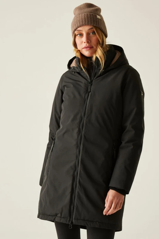 Image of Regatta Womens Marron Longline Hooded Breathable Waterproof Insulated Jacket in Black Size: 10 Black Female 10