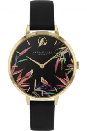 image of Sara Miller Bamboo Garden Ladies Black Leather Strap Bird Dial Watch SA2090