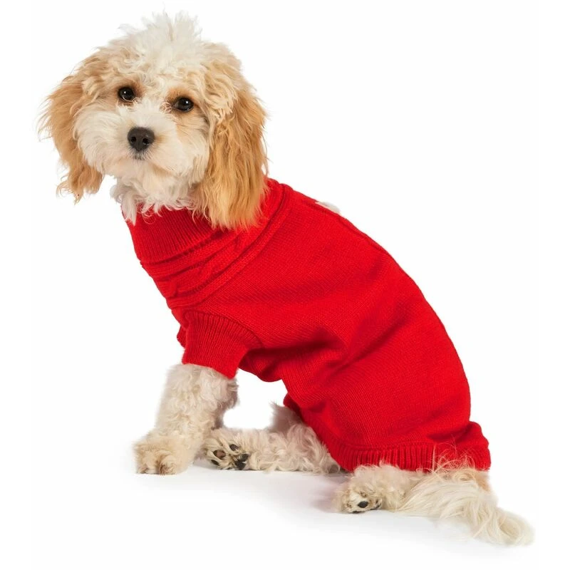 Image of Ancol Red Cable Knit Rolled Neck Warm Woollen 40cm Length Medium Dog Jumper Red