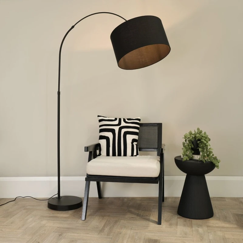 Image of ValueLights Louis Black Arched Curved Floor Lamp with Fabric Drum Lamp Shade and LED Bulb Black