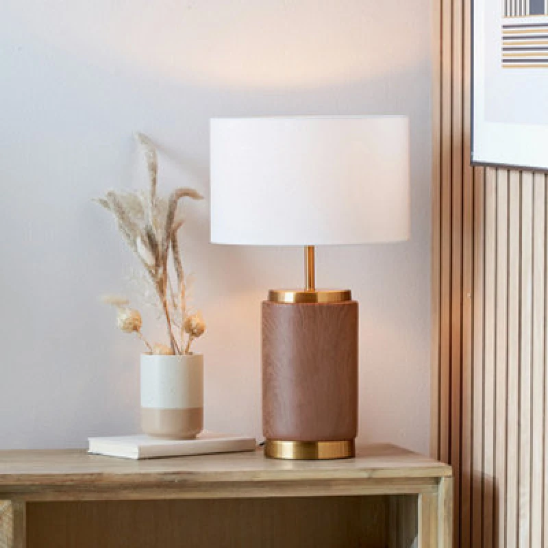 Image of Ruma Wood Effect Ceramic Table Lamp with Shade Brown
