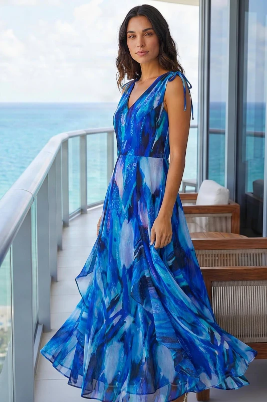 Image of Roman Womens Abstract Print Frill Maxi Dress in Blue Size: 10 Blue Female 10
