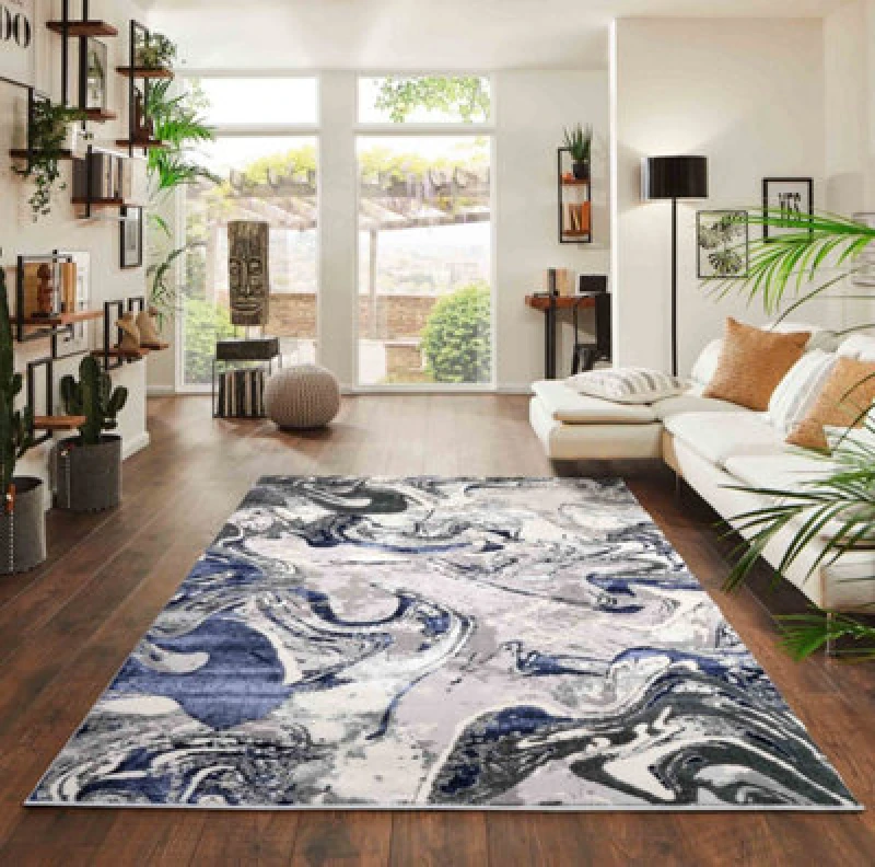 Image of Solarius Modern Living Room Rug - Abstract Area Rugs Navy - Runner 60X220 Cm