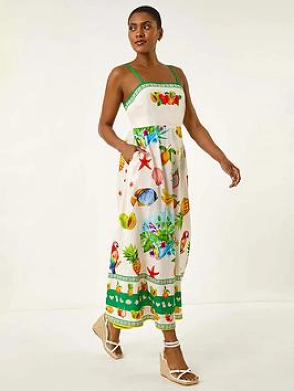 Image of Roman Womens Fruit Print Strap Detail Midi Dress in Ivory Size: 12 Ivory Female 12