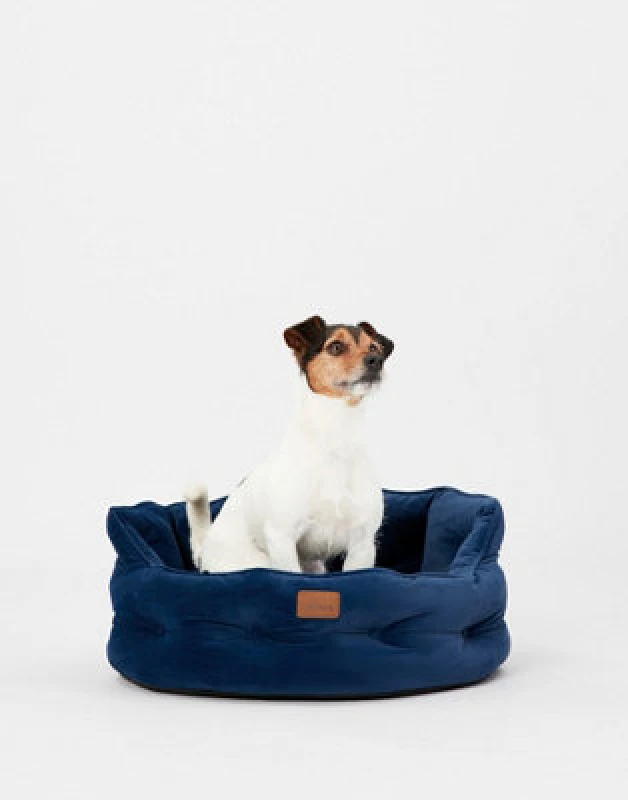 Image of Joules Chesterfield Dog Bed, Navy, Soft Velvet Fabric, Thickly Padded, Machine Washable, 70Cm Diameter, Large