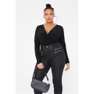 Image of I Saw It First Black Plus Size Long Sleeve Plunge Wrap Bodysuit - Black