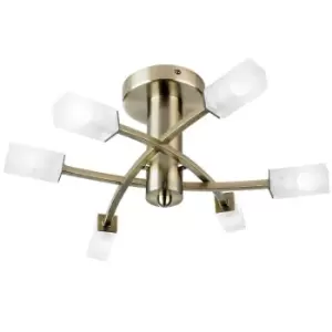 image of Semi Flush Ceiling Light Brass & Glass 6 Bulb Square Shade Dimmable Pendant