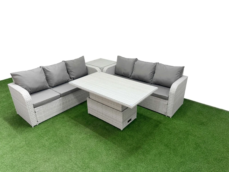 Image of Fimous Outdoor Garden Furniture Sets 6 Seater Wicker Rattan Furniture Sofa Sets with Adjustable Lifting Dining or Coffee Table high Back Lounge Sofa S