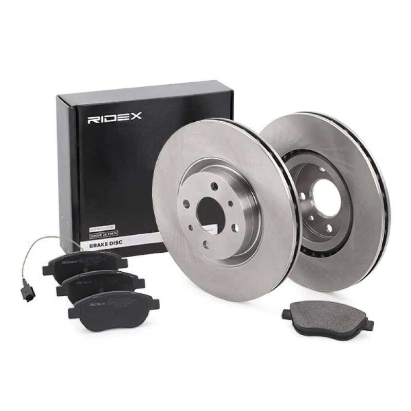 Image of RIDEX 3405B0153 Brake disc and pads set Front Axle, Brake Disc Type: Vented, incl. wear warning contact Brake Set,disc brakes (3405)