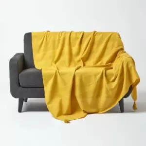 Image of Homescapes - Cotton Rajput Ribbed Sunshine Orange Yellow Throw, 255 x 360cm - Yellow