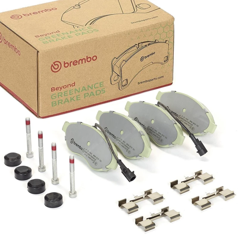 Image of BREMBO P 23 144G Brake pad set BEYOND LINE - Greenance incl. wear warning contact, with accessories, with anti-squeak plate Brake Pad Set,disc brake