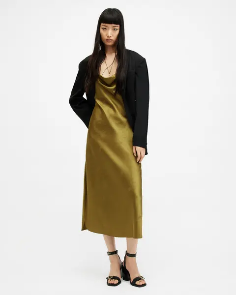 Image of AllSaints Hadley Jacquard Slim Fit Midi Slip Dress
