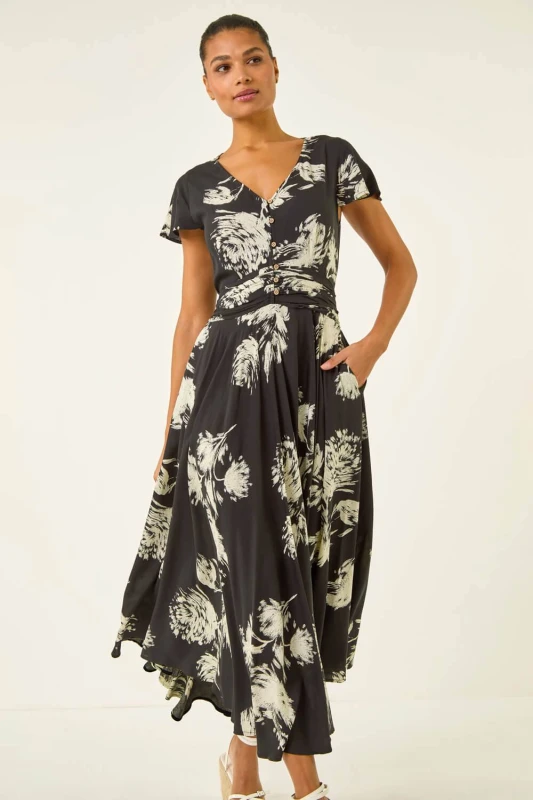 Image of Roman Womens Floral Print Ruched Midi Dress in Black Size: 12 Black Female 12