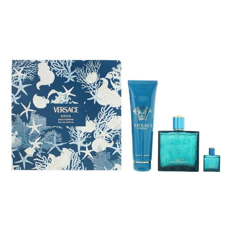 Image of Versace Eros Pour Homme 3 Piece Gift Set: Eau de Parfum 100ml - Eau de Parfum 5m
