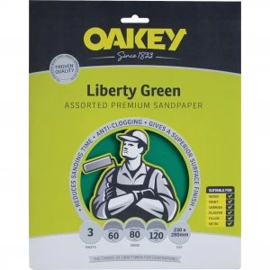 Image of Oakey Green Aluminium Oxide Sandpaper Assorted Grit Pack of 3