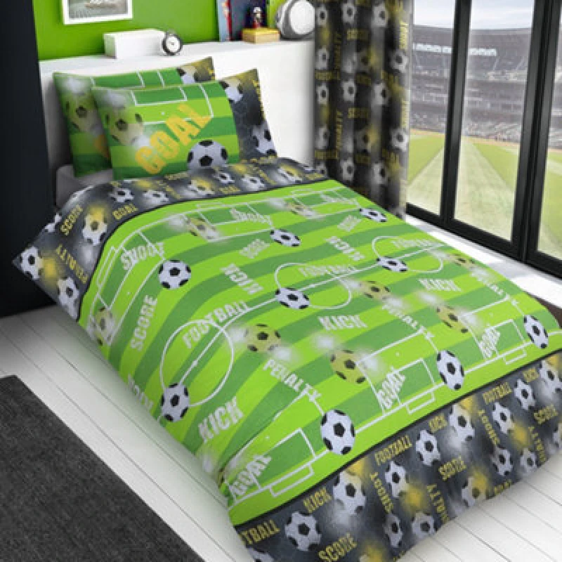 Image of Velosso Vibrant Green Football Bedding Set, Kids Duvet Cover & Pillowcase, Sports-Themed Cotton Blend Fabric, Button Closure Duvet - Green