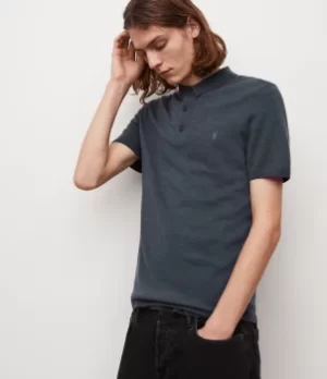Image of AllSaints Mens Mode Merino Short Sleeve Polo Shirt, Blue, Size: S