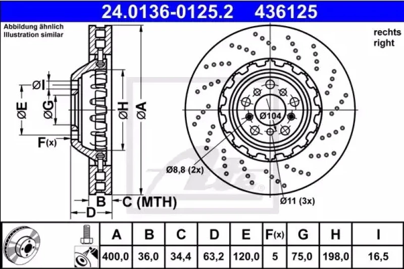 Image of ATE 24.0136-0125.2 Brake disc perforated/vented, Coated, High-carbon, with bolts/screws Brake Disc (82)