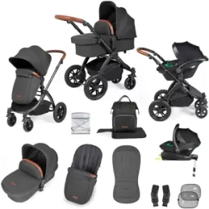 image of Ickle Bubba Stomp Luxe All-in-One Premium i-Size Travel System with ISOFIX Base, Black / Charcoal Grey / Tan