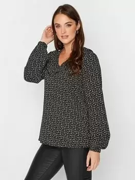 Image of Long Tall Sally Ditsy Print Frill Long Sleeve Top - Black, Size 10, Women