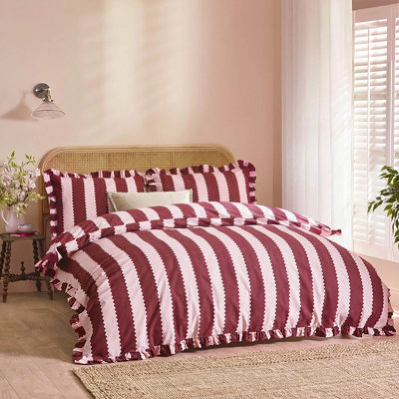 Image of Wylder Birdie Stripe Ruffle Duvet Cover Set, Burgundy/blossom, Single