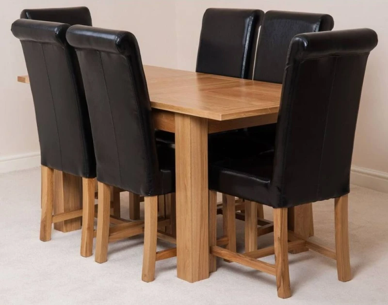 Image of Thats Furniture Hampton 120-160cm Oak Extending Dining Table + 6 Washington Leather Chairs in Black Unisex