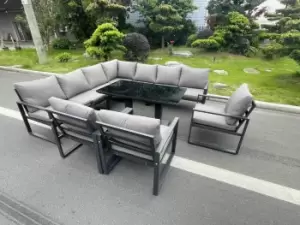 image of Fimous 10 Seater Outdoor Dark Grey Aluminum Lounge Complete Sofa Set with Adjustable Rising Dining Table