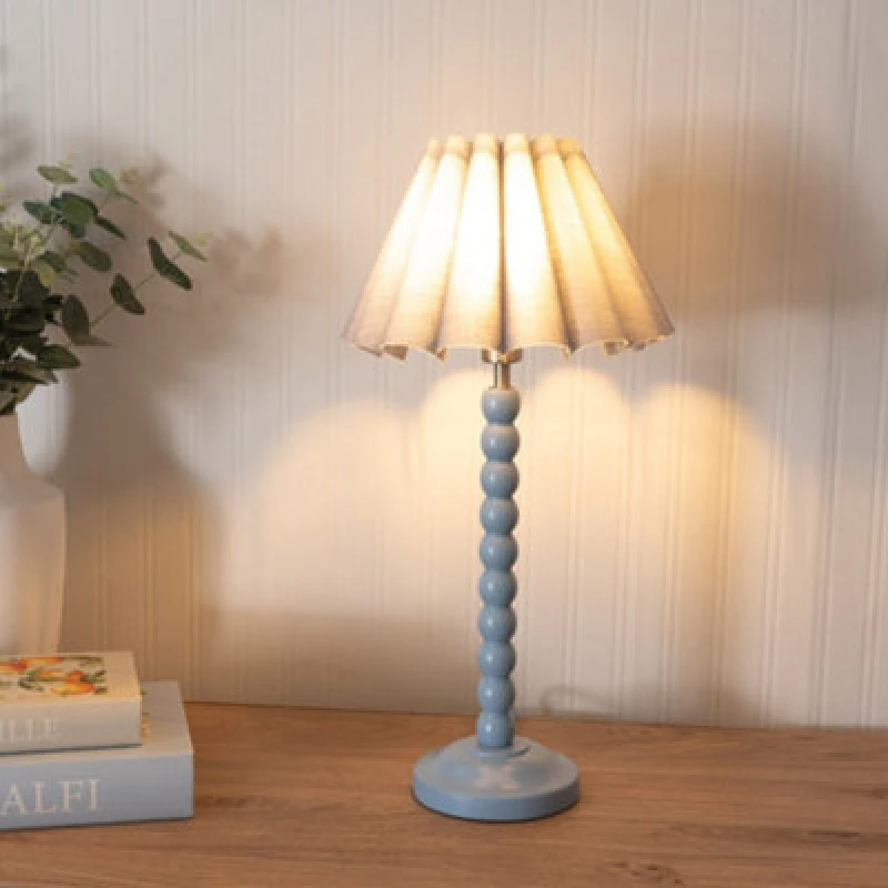 Image of ValueLights Bobbins Powder Blue Table Lamp with Scallop Tapered Lamp Shade and LED Bulb Grey