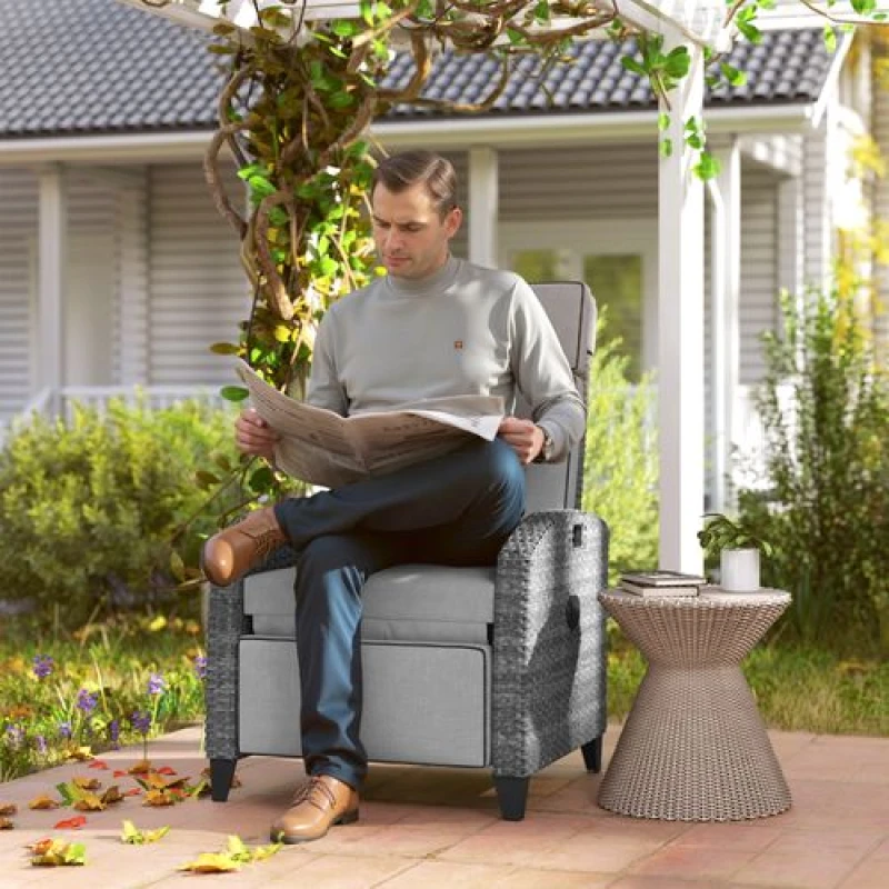 Image of Outsunny Outsunny Outdoor Recliner Chair w/ Cushion Rattan Reclining Lounge Chair, Grey