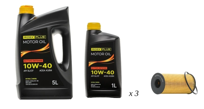 Image of RIDEX PLUS 100908O0016P Oil change kit (oil filter + engine oil) Oil change kit (oil filter + engine oil) (100908)