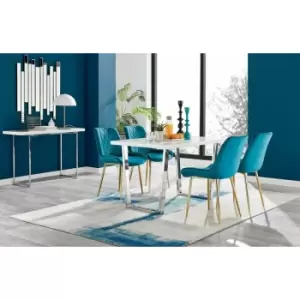 Image of Kylo White High Gloss Dining Table & 4 Blue Pesaro Gold Leg Chairs - Blue