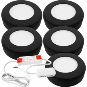 Image of 5x matt Black Round Surface or Flush Under Cabinet Kitchen Light & Driver Kit - Natural White led