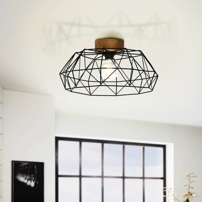 Image of EGLO Padstow Black Metal and Natural Wood Ceiling Light (D) 45.5cm Black