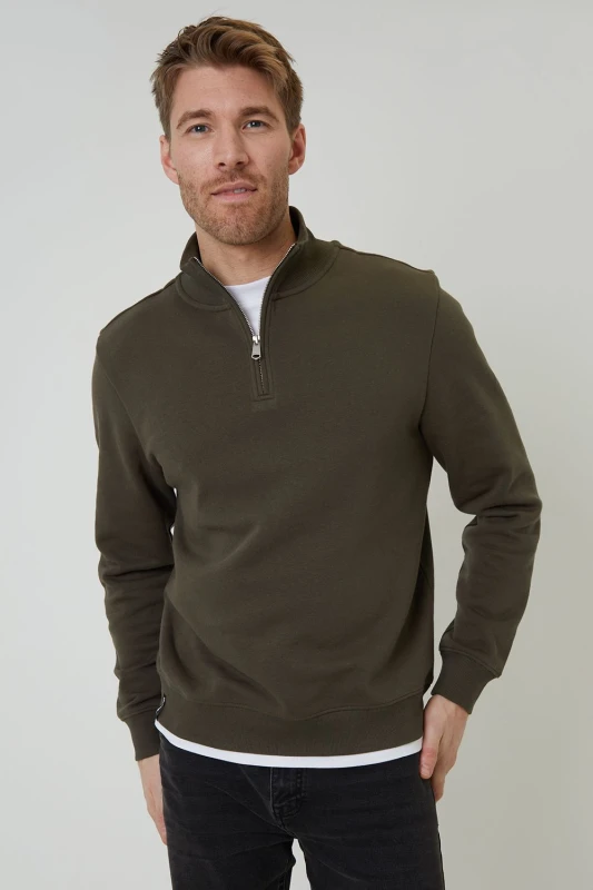Image of Threadbare Threadbare Men Mock T-Shirt Quarter Zip Sweatshirt in Khaki Size: 2X-large Khaki XXL Male 7625915090606