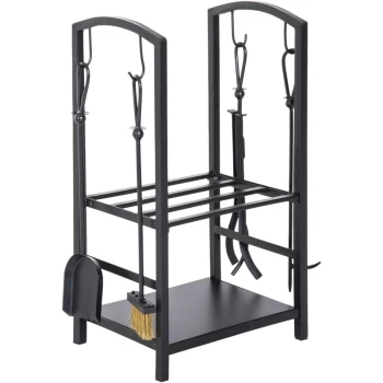 Image of Firewood Rack Log Holder Wood Storage with Hooks 4 Tools Black - Outsunny