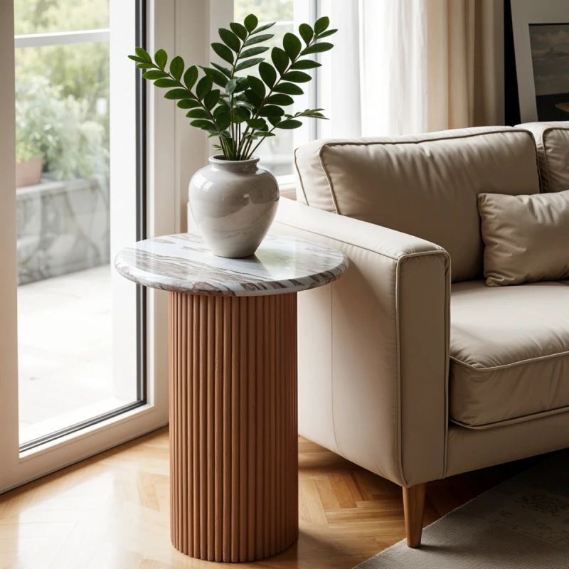 Image of Indian Hub Ashford Natural Marble & Wood Pedestal Side Table