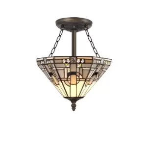 Image of 3 Light E27 Semi Flush Ceiling With Tiffany Shade 30cm Shade, White, Grey, Black, Clear Crystal, Aged Antique Brass