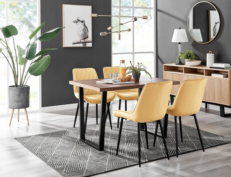 Image of FurnitureboxUK FurnitureboxUK Kylo Brown Wood Effect Dining Table With Black 'U' Legs & 4 Pesaro Velvet Chairs in Mustard Mustard One Size Unisex 5056