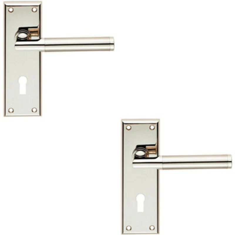 Image of Loops 2x Round Bar Section Handle on Lock Backplate 150 x 50mm Polished Satin Nickel Metallics
