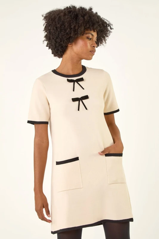 Image of Roman Womens Bow Detail Knitted Dress in Ivory Size: 16 Ivory Female 16