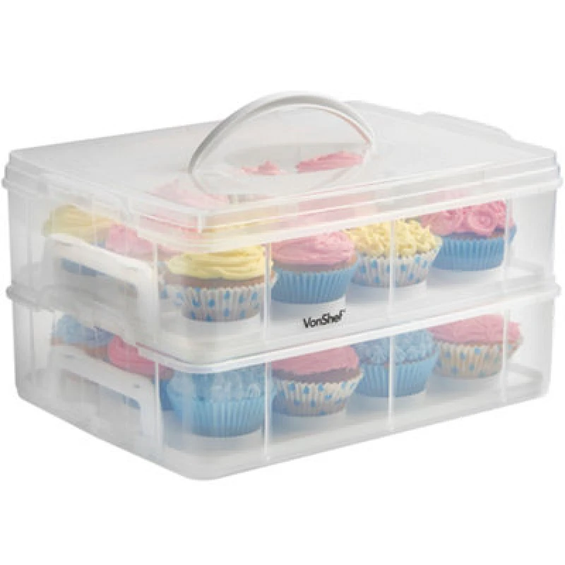 Image of VonShef Two Tier Stackable Cupcake Carrier with Handle Clear unisex